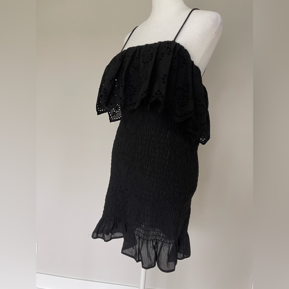 ZARA Women’s Large Black Embroidered Eyelet Ruffled 100% Cotton‎ Mini Dress NEW